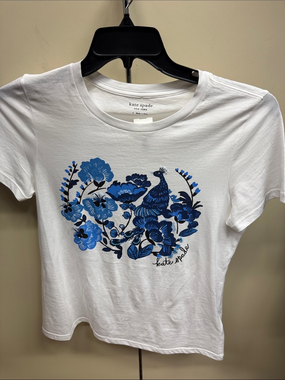 kate spade White Tee with Blue Floral & Peacock Graphic